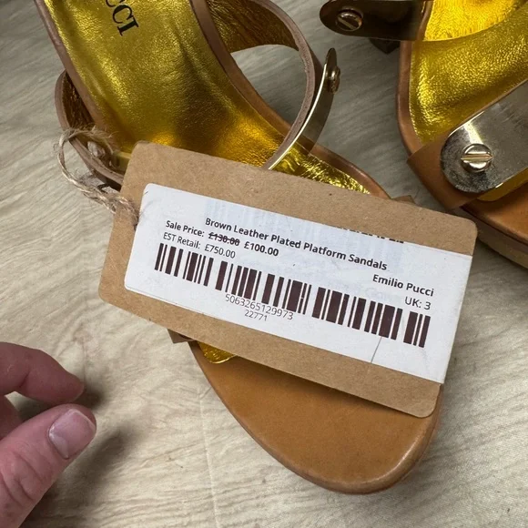 Emilio Pucci Brown Leather Plated Platform Sandals - W6 - Picture 10 of 10